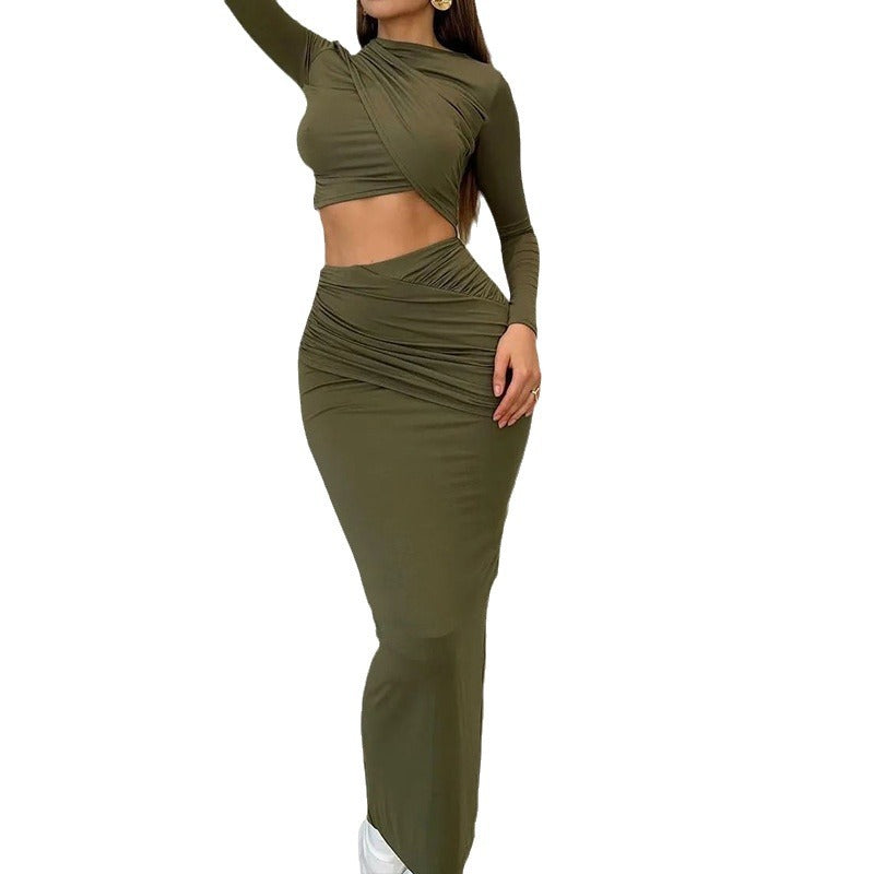 Solid Color Round Neck Irregular Long Sleeve Crop Top Slim Long Skirt Two Piece Set 8