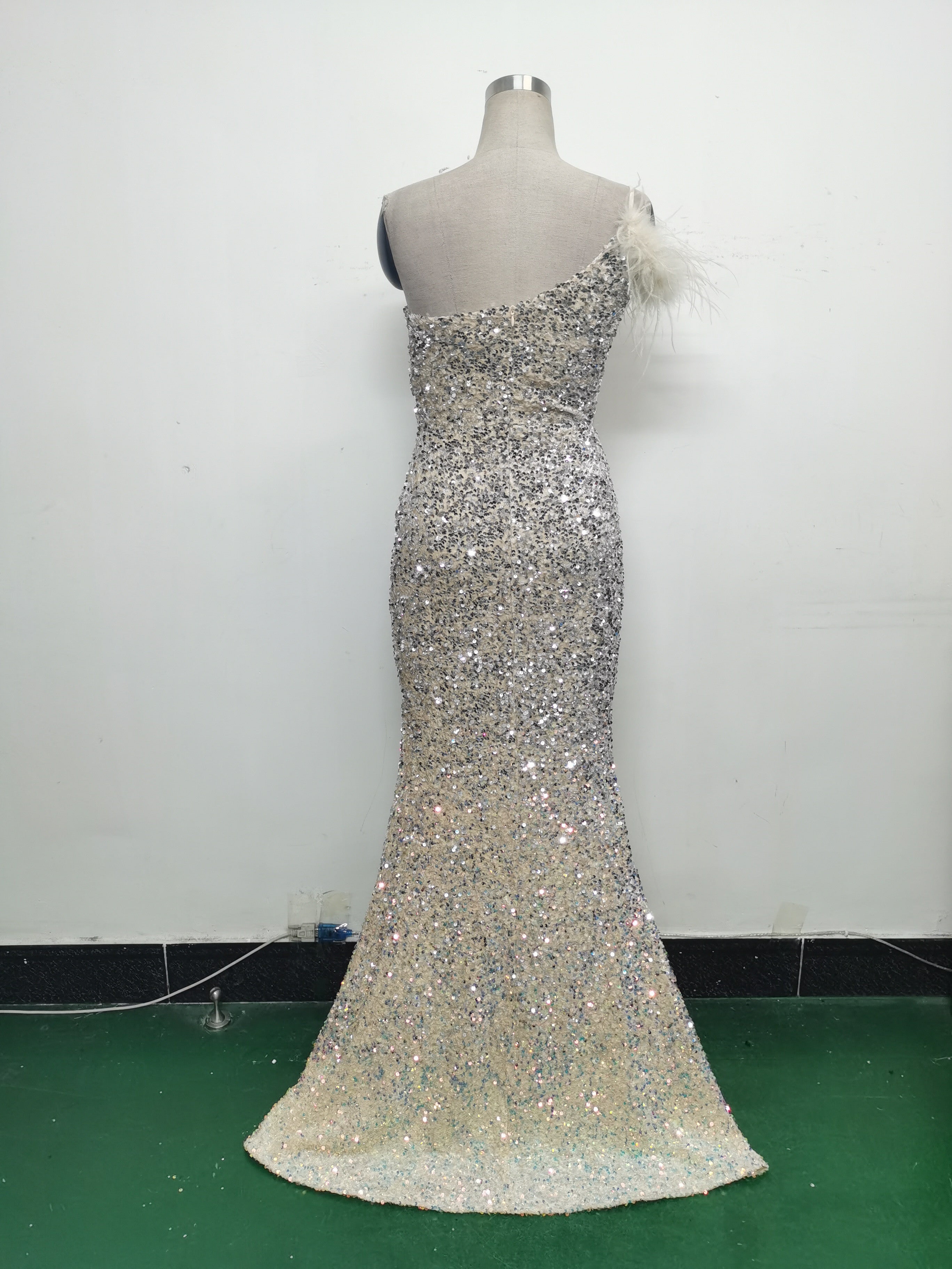 Women Gradient Velvet Bottom Beaded Ostrich Feather One Shoulder Slash Shoulder Slit Evening Dress 29