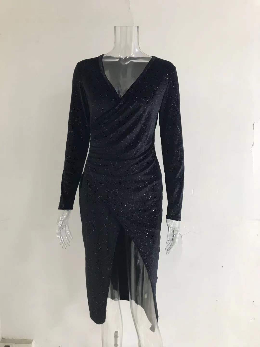 Women Sexy Leg-Exposing Long Sleeve Velvet Dress 15