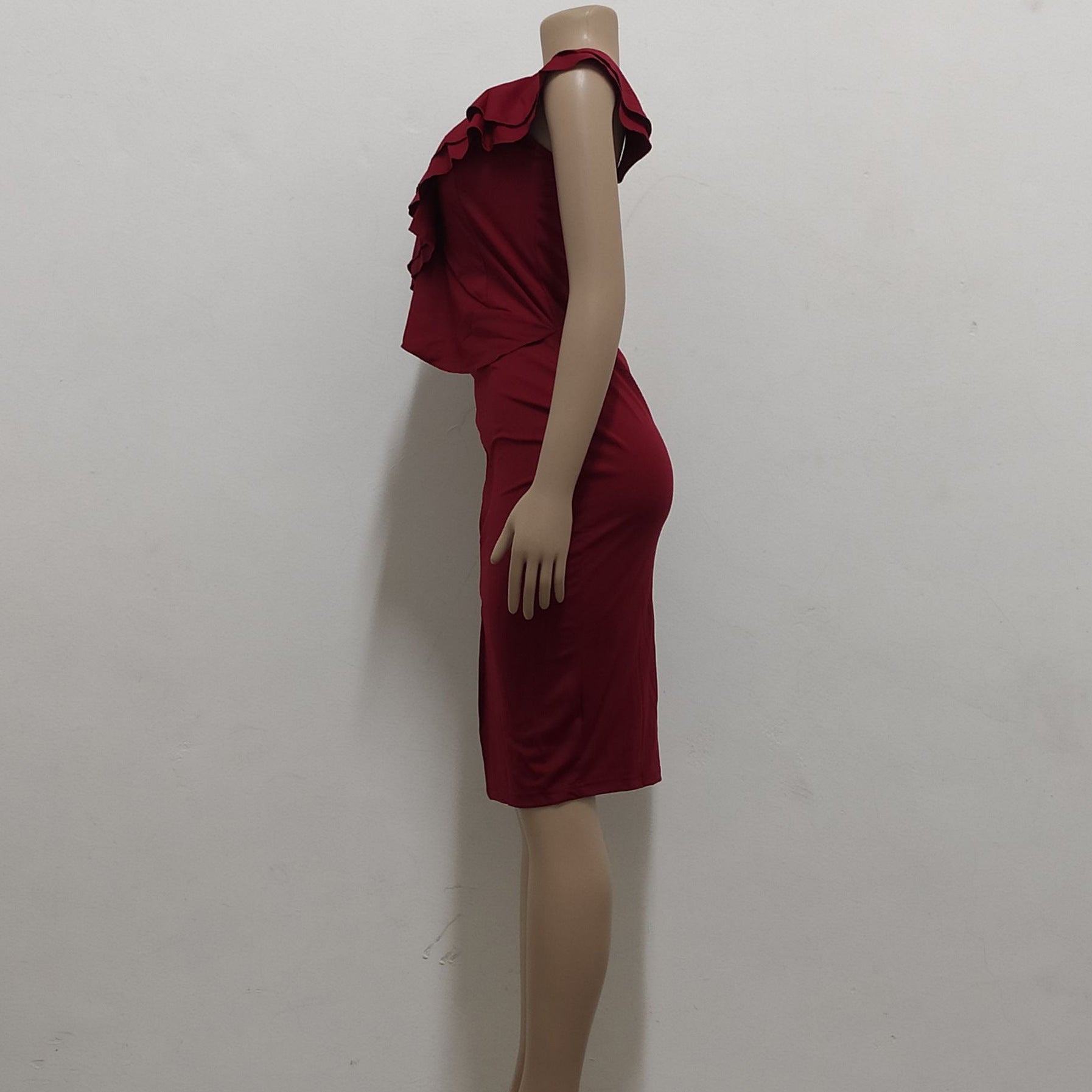 Women Sexy Solid One Shoulder Ruffle Dress 20