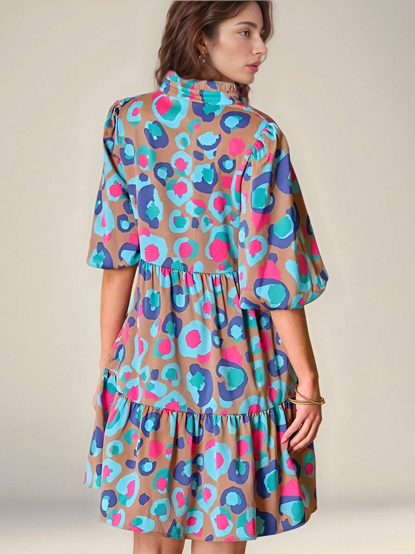Spring/Summer Women's Print Puff Sleeves V-Neck Loose Half Sleeve Dress 3