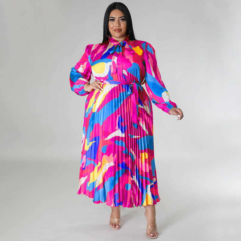 Plus Size Women Lace-Up Long Sleeve Printed Pleated Dress 27