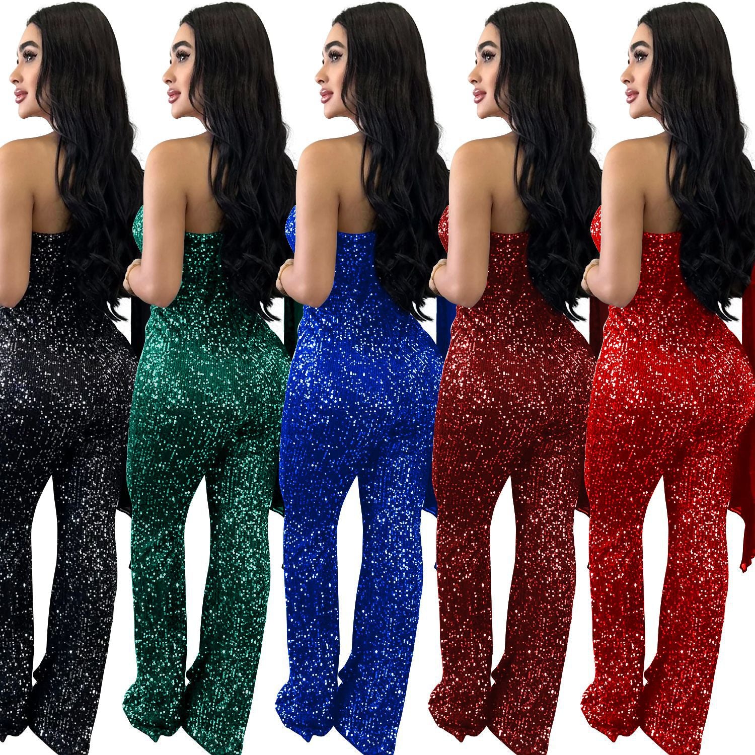 Women Solid Sleeveless One Shoulder Sequin Jumpsuit 10