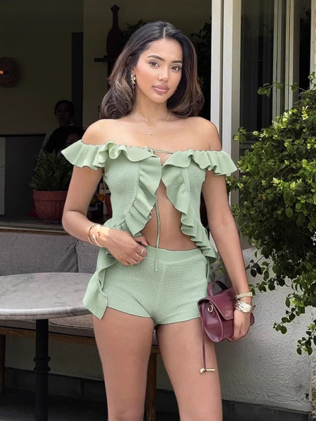 Women Summer Sexy Off Shoulder Lace-up Crop Top Shorts Two-piece Set 4
