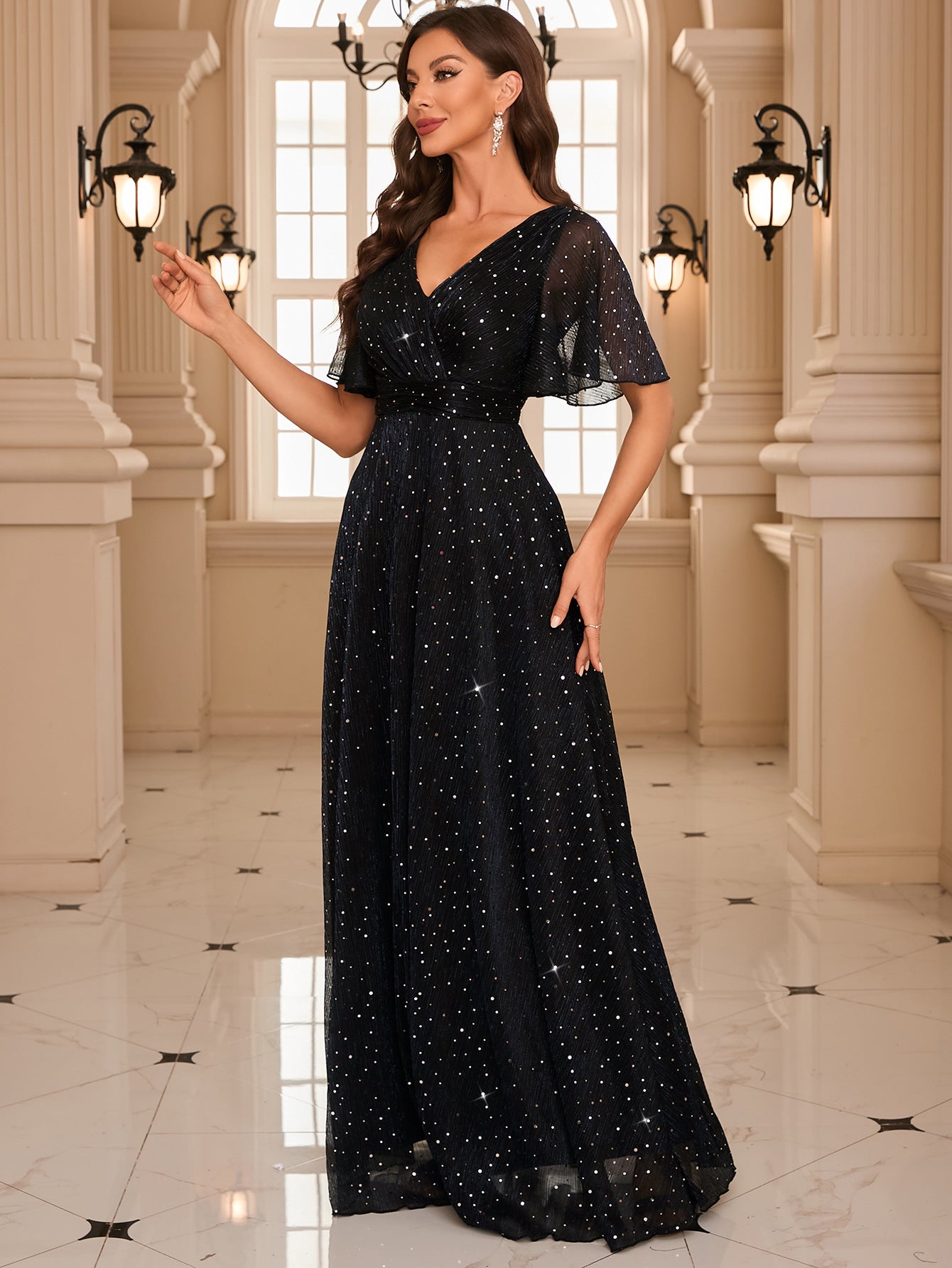 Women V-Neck Solid Ruffle Sleeve Pleated Elegant Sequin Evening Dress 4