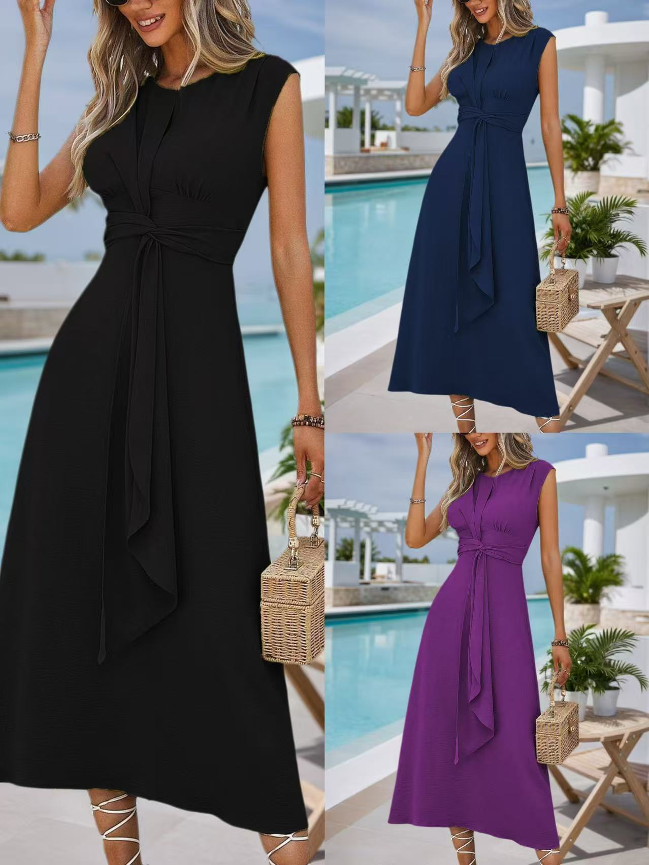 Women Solid Elegant Summer Lace-up Maxi Dress 8