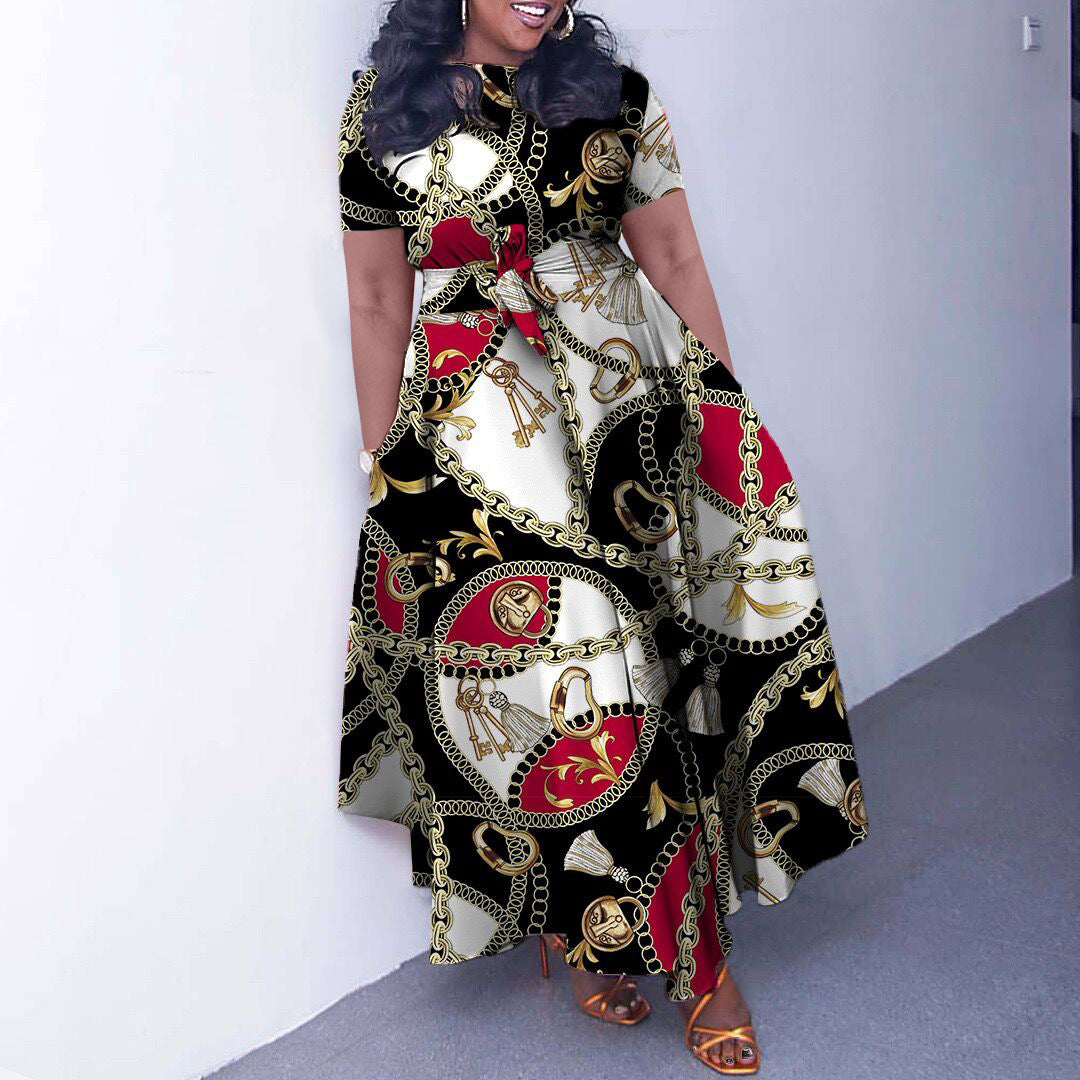 Women's Fashion Chic Tie-Waist African Plus Size Short Sleeve A-Line Dress 5