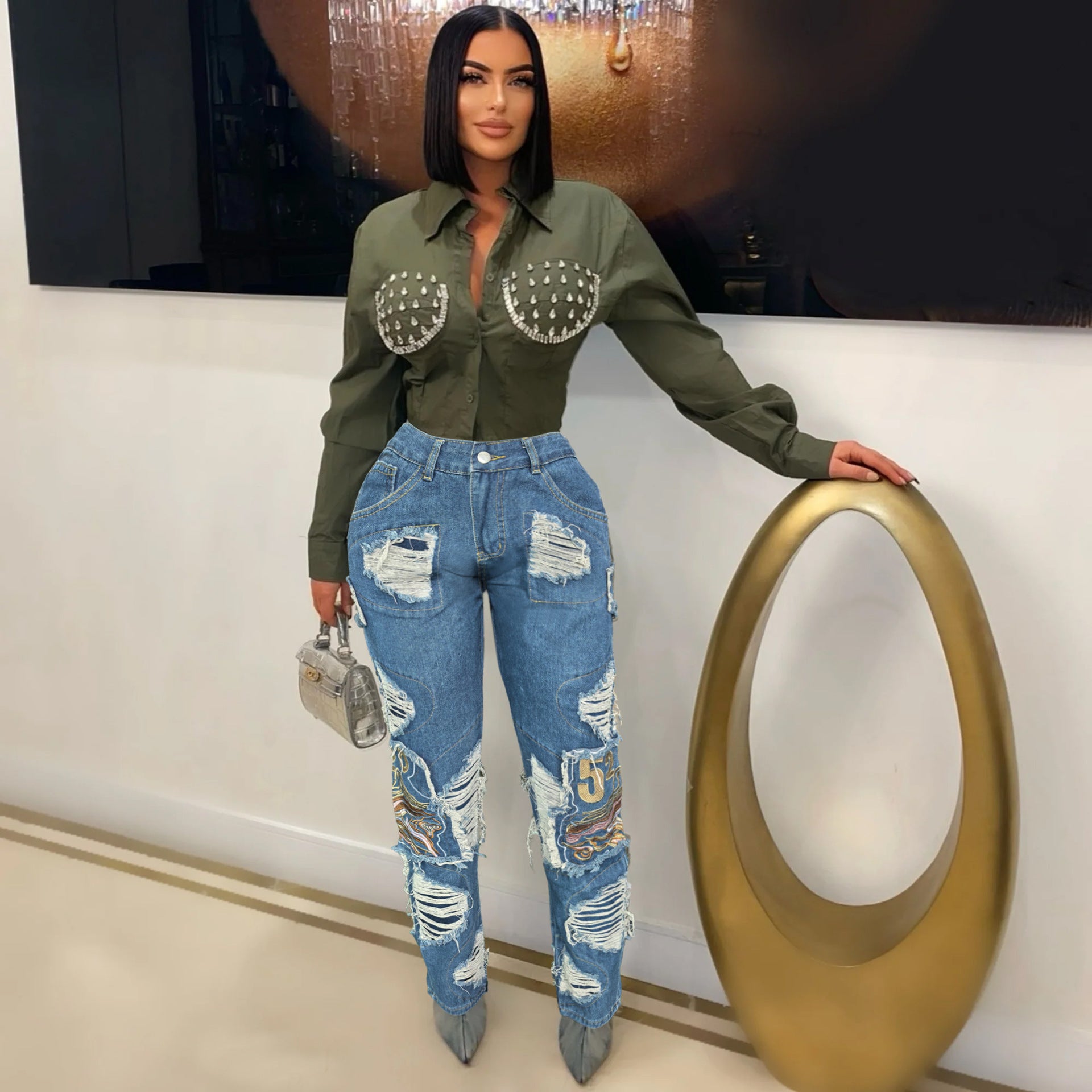 Women Pocket Cargo Ripped Embroidery Straight Denim Pants 3