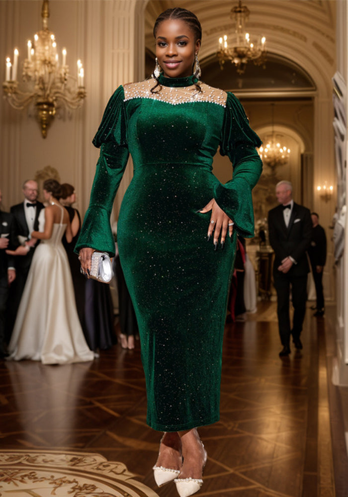 Women Party Formal Party Long Sleeve Beaded Dress