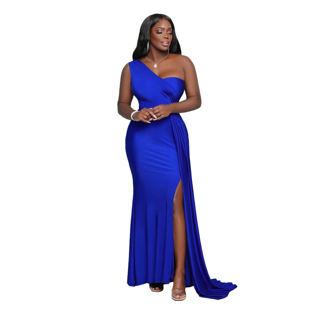 Women Sexy Sleeveless One Shoulder Split Evening Dresses 7