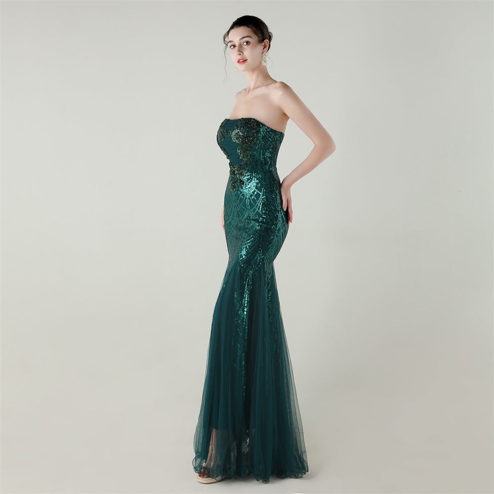 Women Strapless cross Lace-Up sequined tube flower sequined mesh evening dress Formal Party evening dress 43