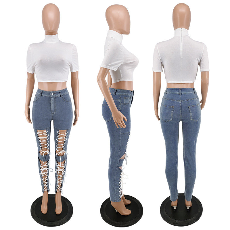 Women's Summer Lace-Up Sexy Denim Pants 13