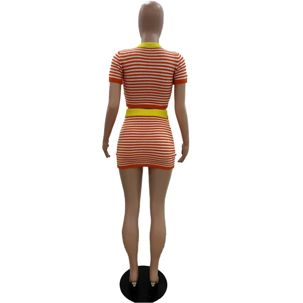 Women's Sexy Stripes short sleeve Knitting Crop Top Skirt Set 6