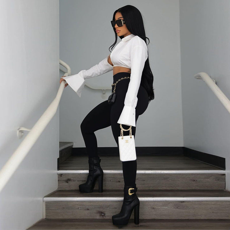 Autumn sexy Slim Waist solid color Turndown Collar crop long-sleeved shirt 5