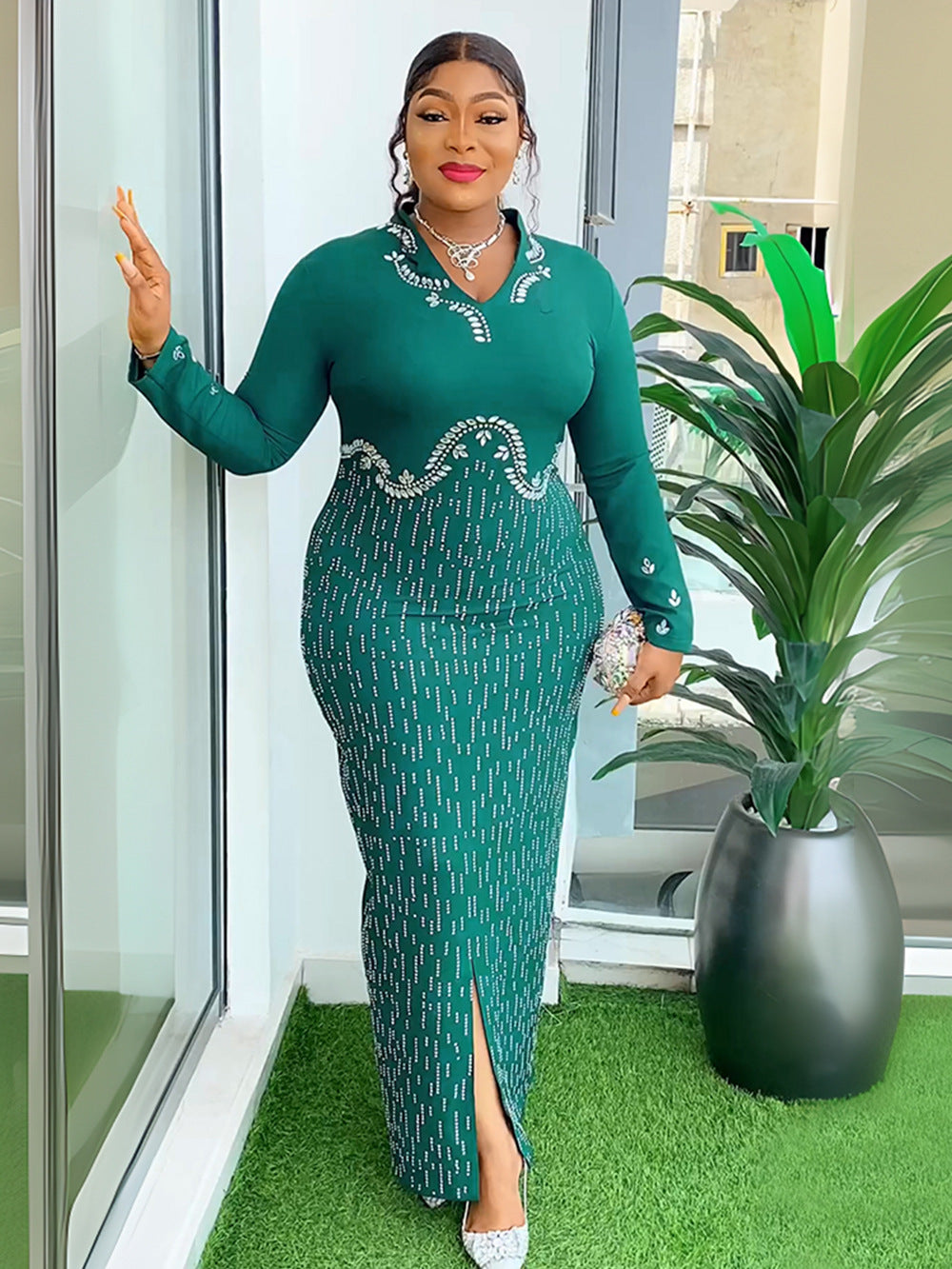 Africa Plus Size Women's Beaded V-Neck Bodycon Chic Elegant Dress 7