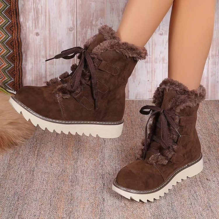 Plus Size Boots Women Winter Outdoor Wear Lace-Up Thick Sole Fleece Boots