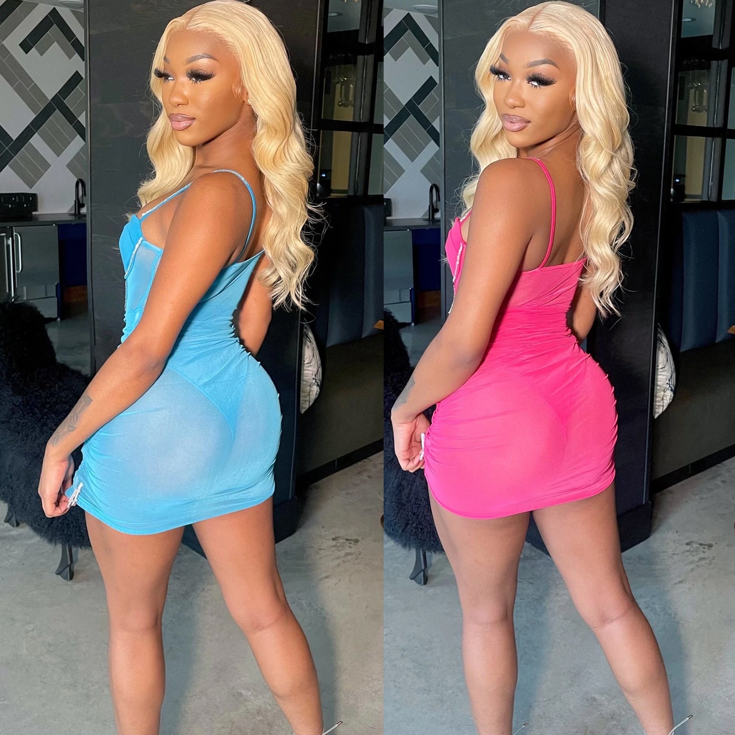 Summer Women's Sexy Tight Fitting Mesh See-Through Diamond Strap Dress 5