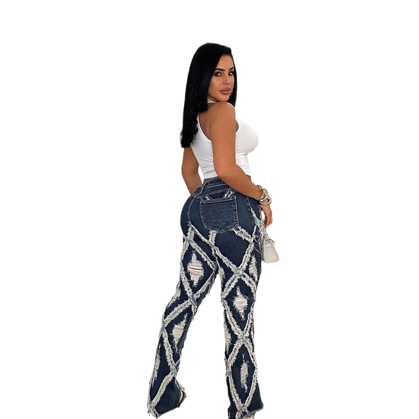 Women's High Stretch Denim Pants Ripped Loose Micro Bell Bottom Denim Jeans 4