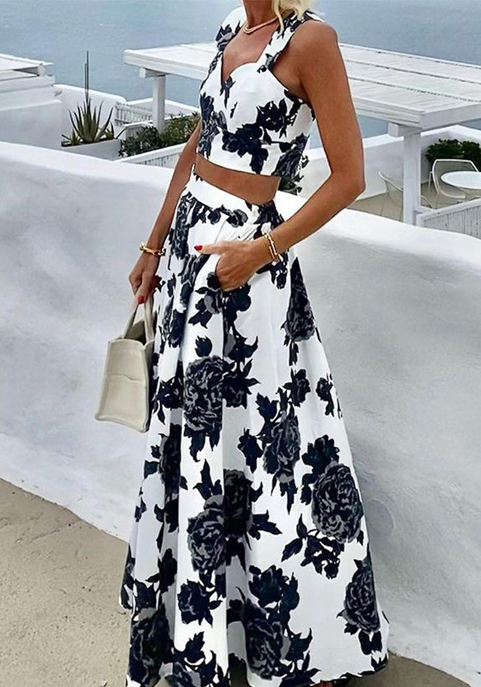 Women's Suit Summer Printed Strap Vest Top Long Skirt Two-Piece Set