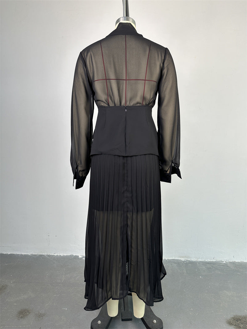 Women lace-up irregular pleated dress girdle two-piece set 15