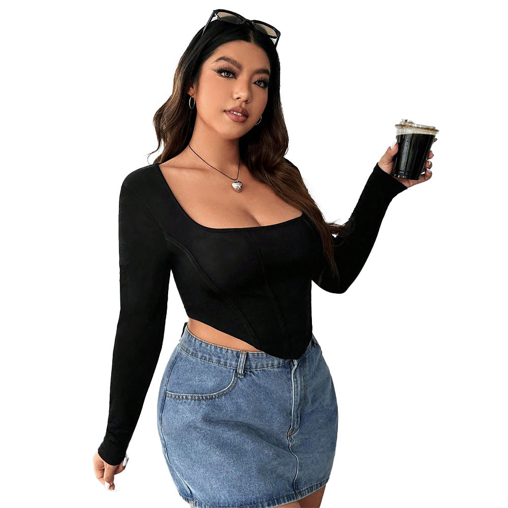 Plus Size Women Square Neck Solid Basic Irregular Top 6