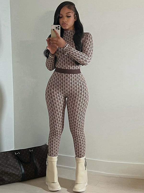 Women Printed Streetwear Round Neck Long Sleeve Jumpsuit 4