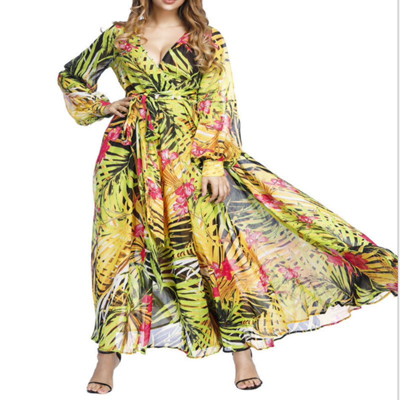 Summer Lantern Sleeve Sexy Deep V Neck Leaf Print Long Dress 8