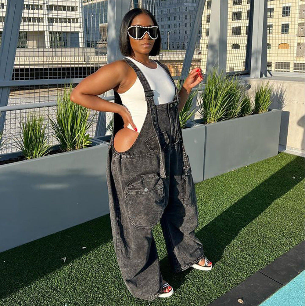 Women's Style Street Pocket Wide Leg Pants Loose Straps Denim Pants 3