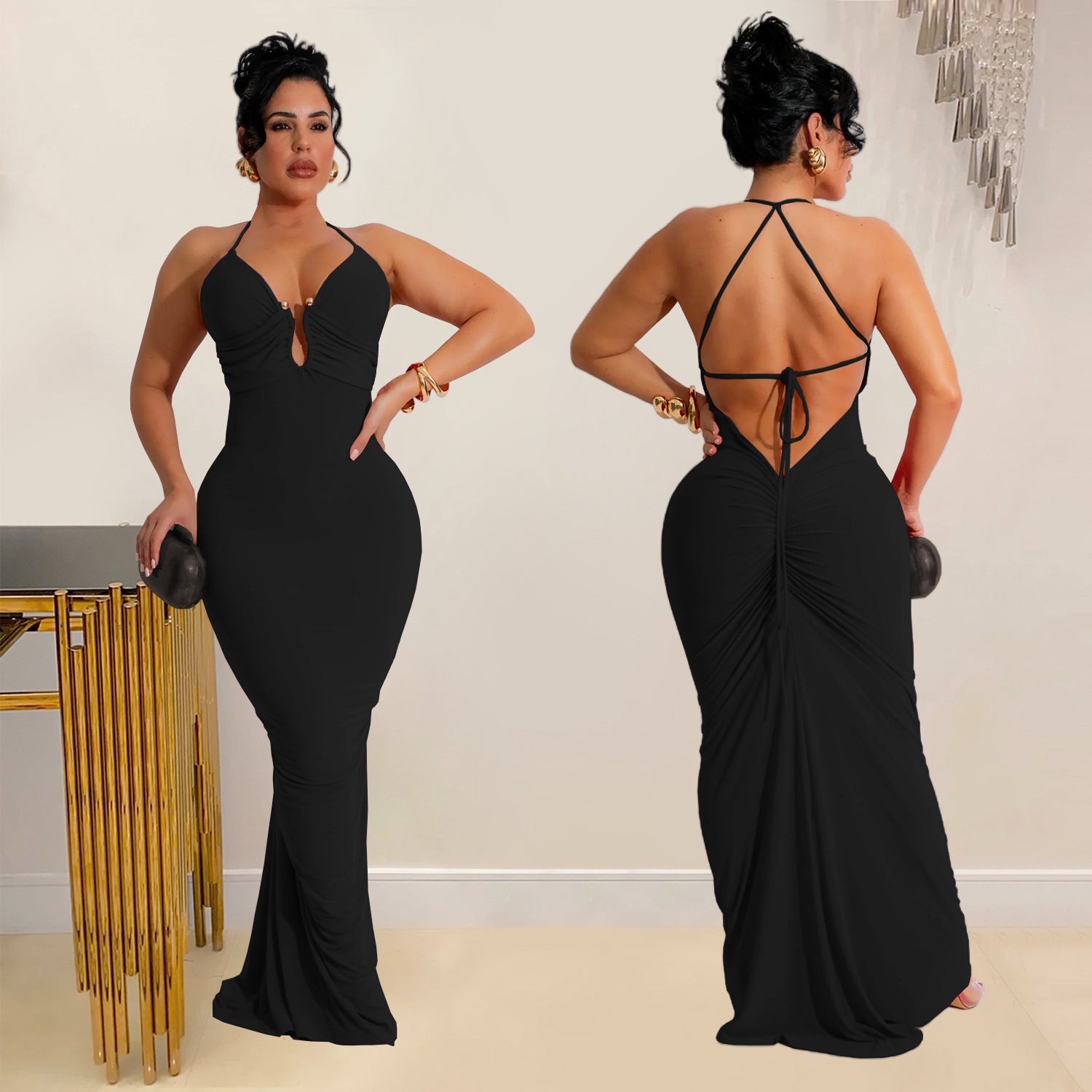 Fashionable Women's Sexy Strap V-Neck Low Back Slim Dress