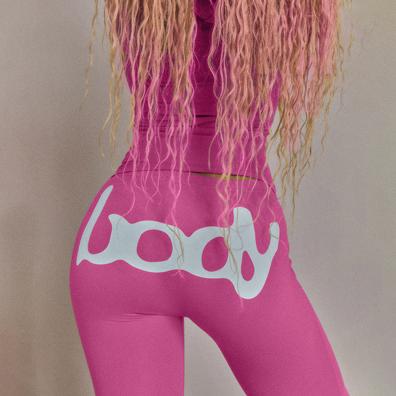 Women Fall/Winter Hooded Letter Print Zipper Top and Pants Two-Piece Set 15