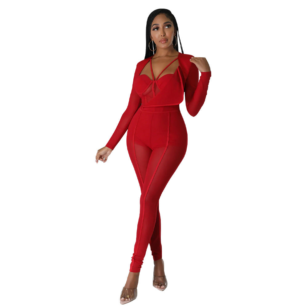 Women Sexy See-Through V-Neck Jumpsuit 14