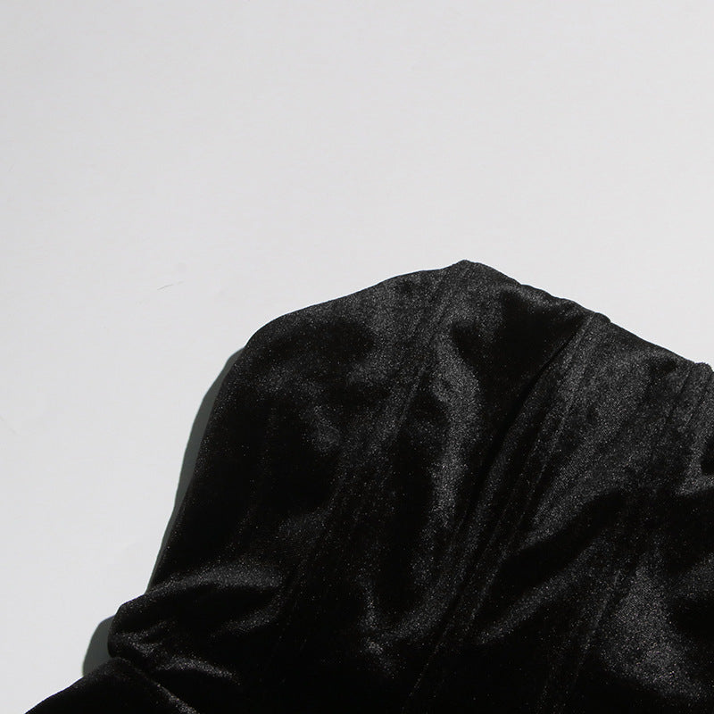 Women sexy velvet wrap chest white rose puffy dress 7