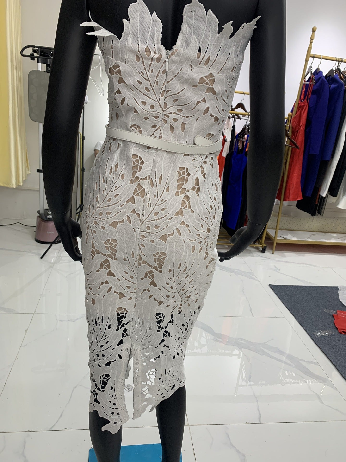 Women knitting sleeveless Strapless Lace white dress 14