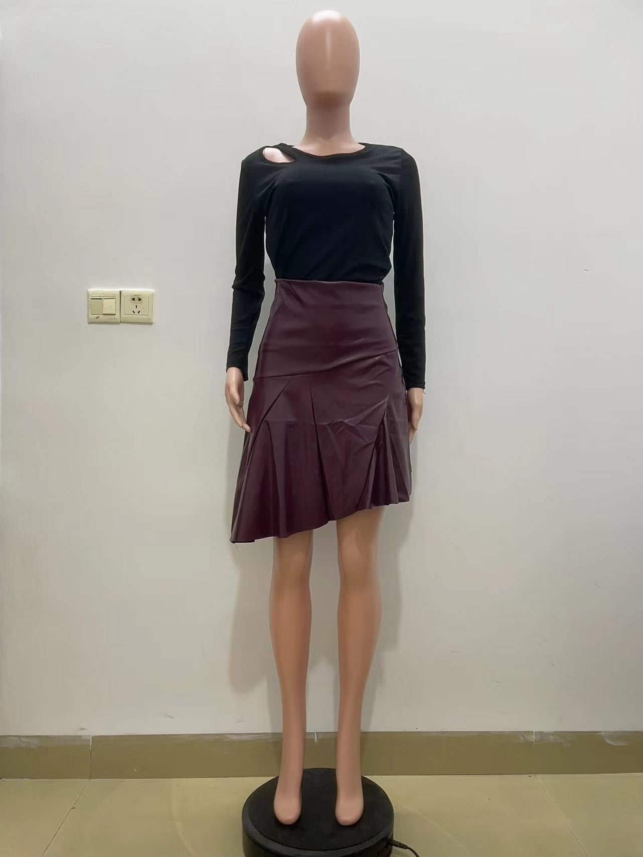 Women Autumn and Winter High Waisted Irregular PU-leather Skirt 9