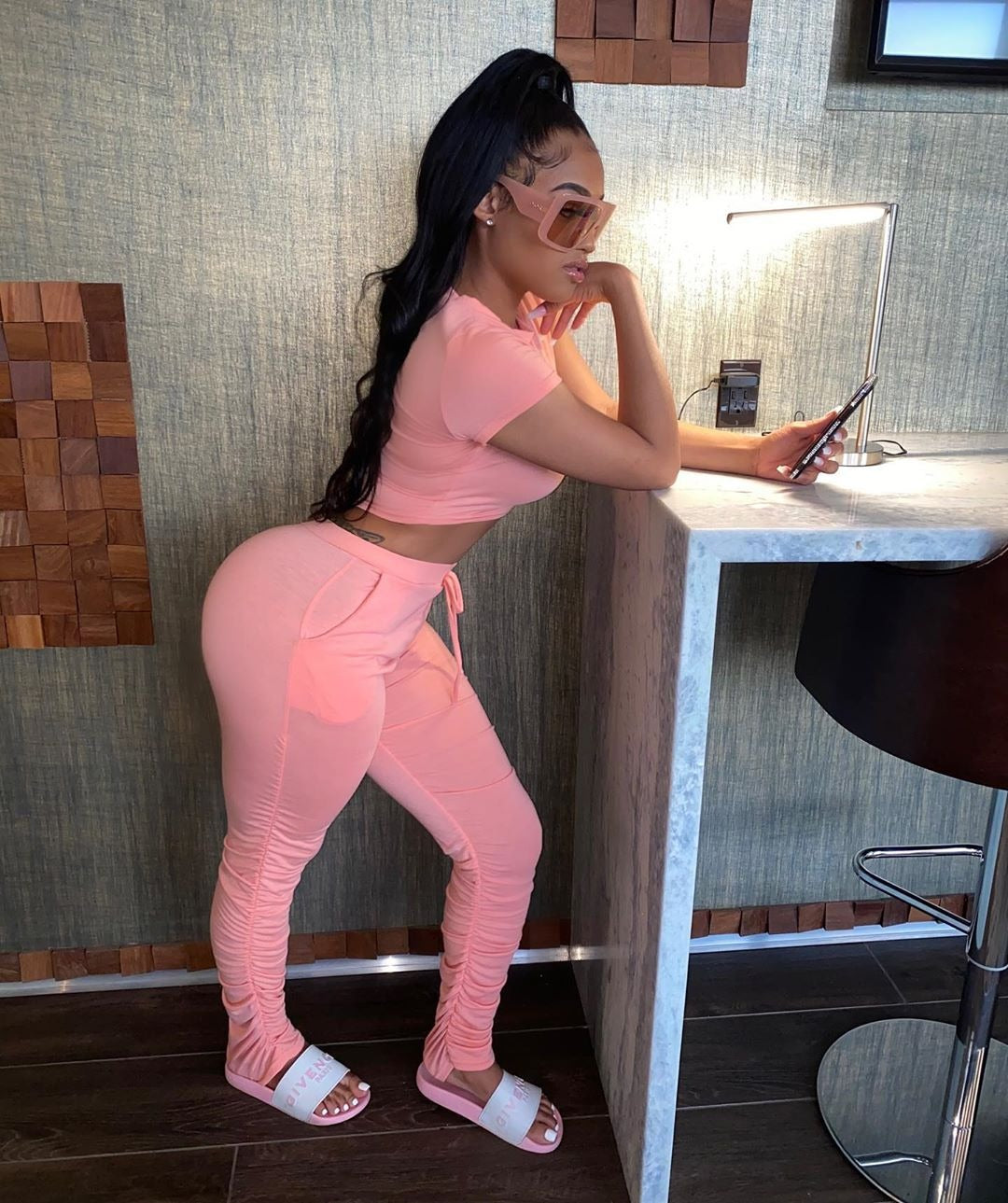 Women's Solid Color Short-Sleeved Sports Suit Two-Piece Pants Set 3