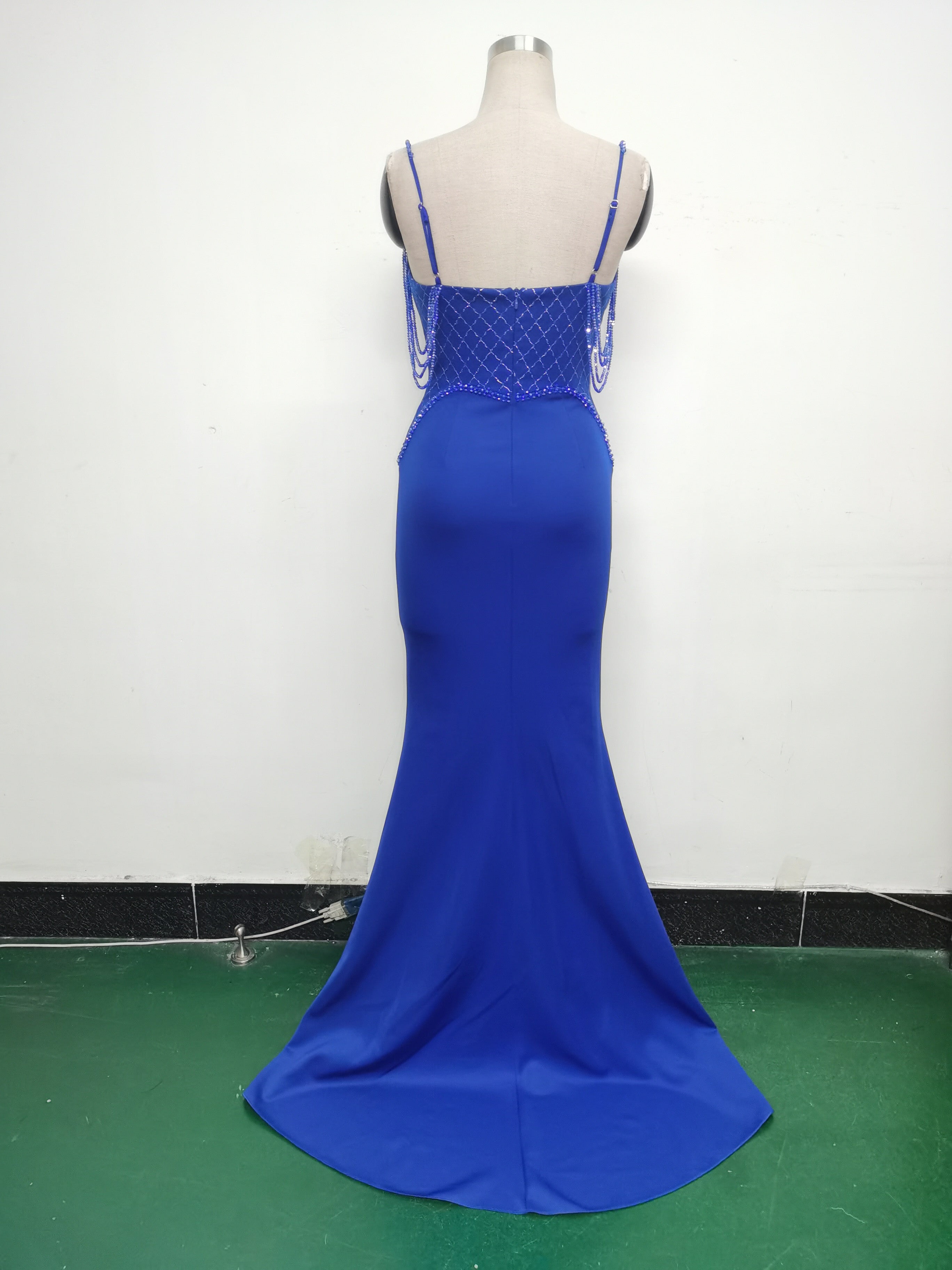 Women lace mesh herringbone Lace-Up beaded Formal Party evening dress 38