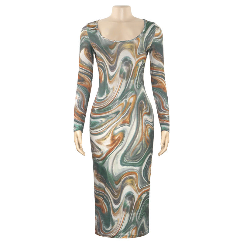 Spring Sexy U-Neck Fashion Print Long Sleeve High Waist Slim Dress 8