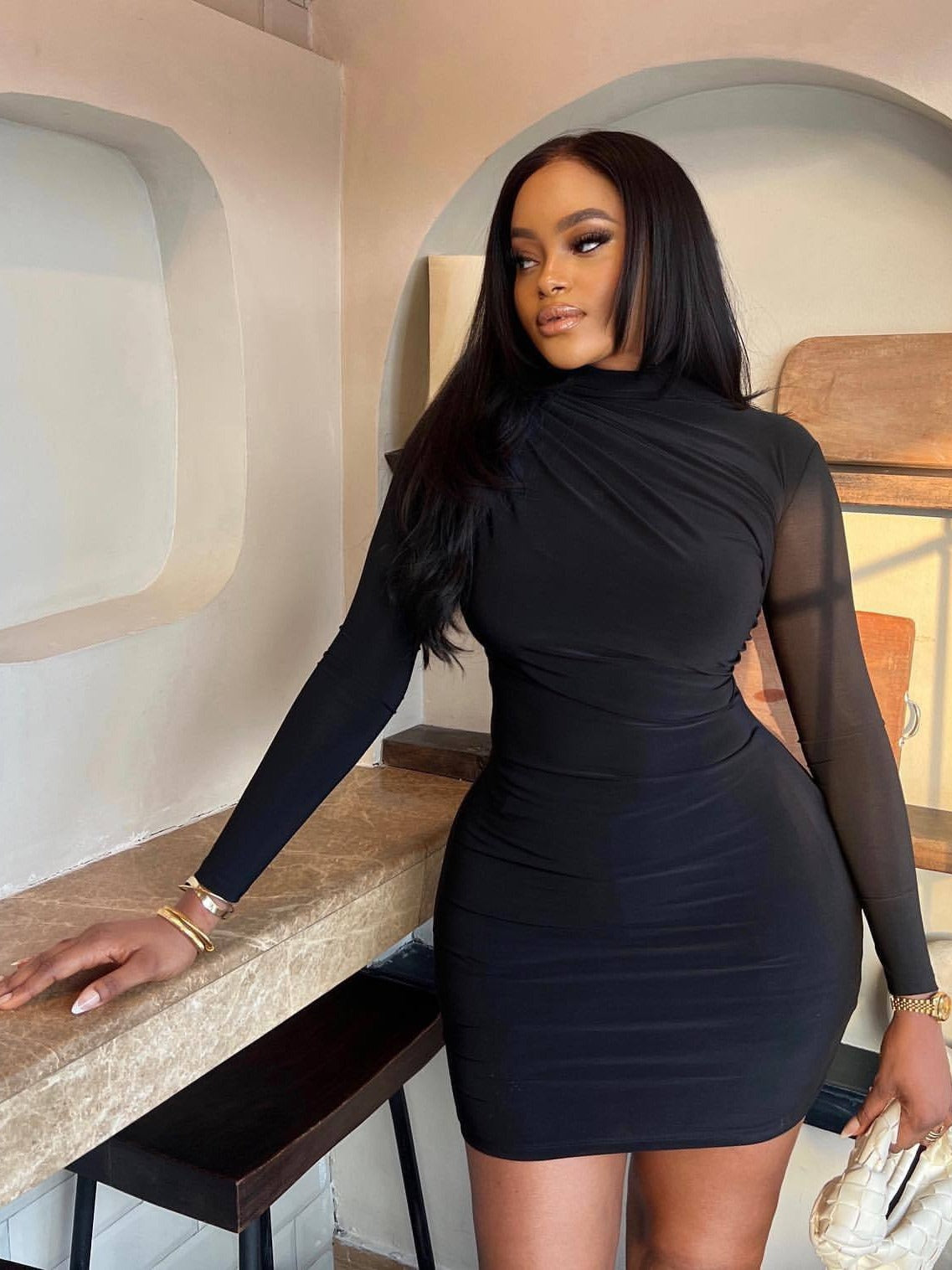 Women's Solid Color Round Neck Long-Sleeved Trendy Women's Bodycon Dress 5