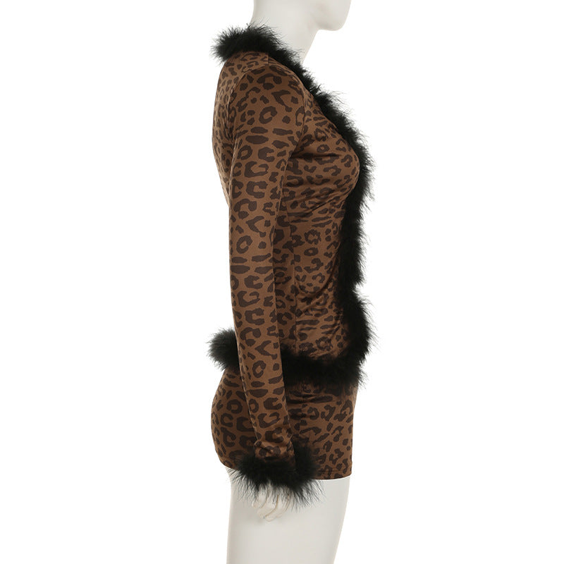 Fashionable Sexy Fur Patchwork Leopard Print Long-Sleeved Top Slim Mini Skirt Two-Piece Set 8
