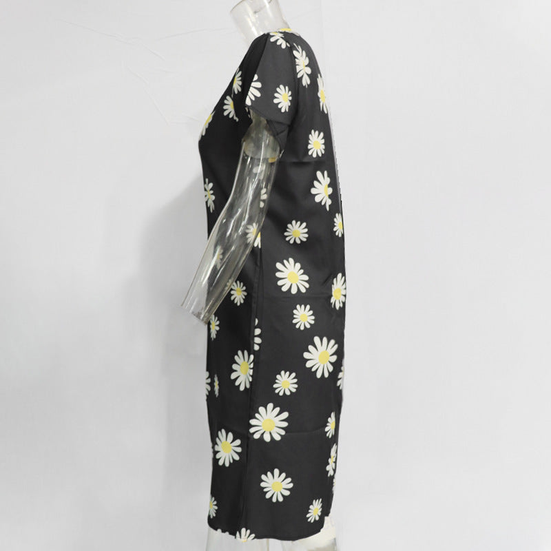 Plus Size Women Summer Dress Round Neck Pink Maple Leaf Casual Beach Dress 47