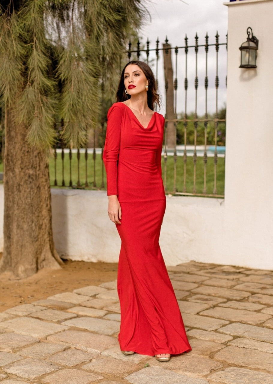 Women Elegant Long Sleeve V-Neck Backless Dress 3