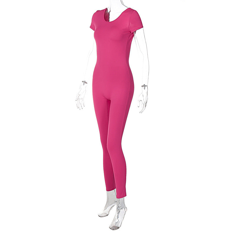 Summer Women Solid Short Sleeve Backless Jumpsuit 14