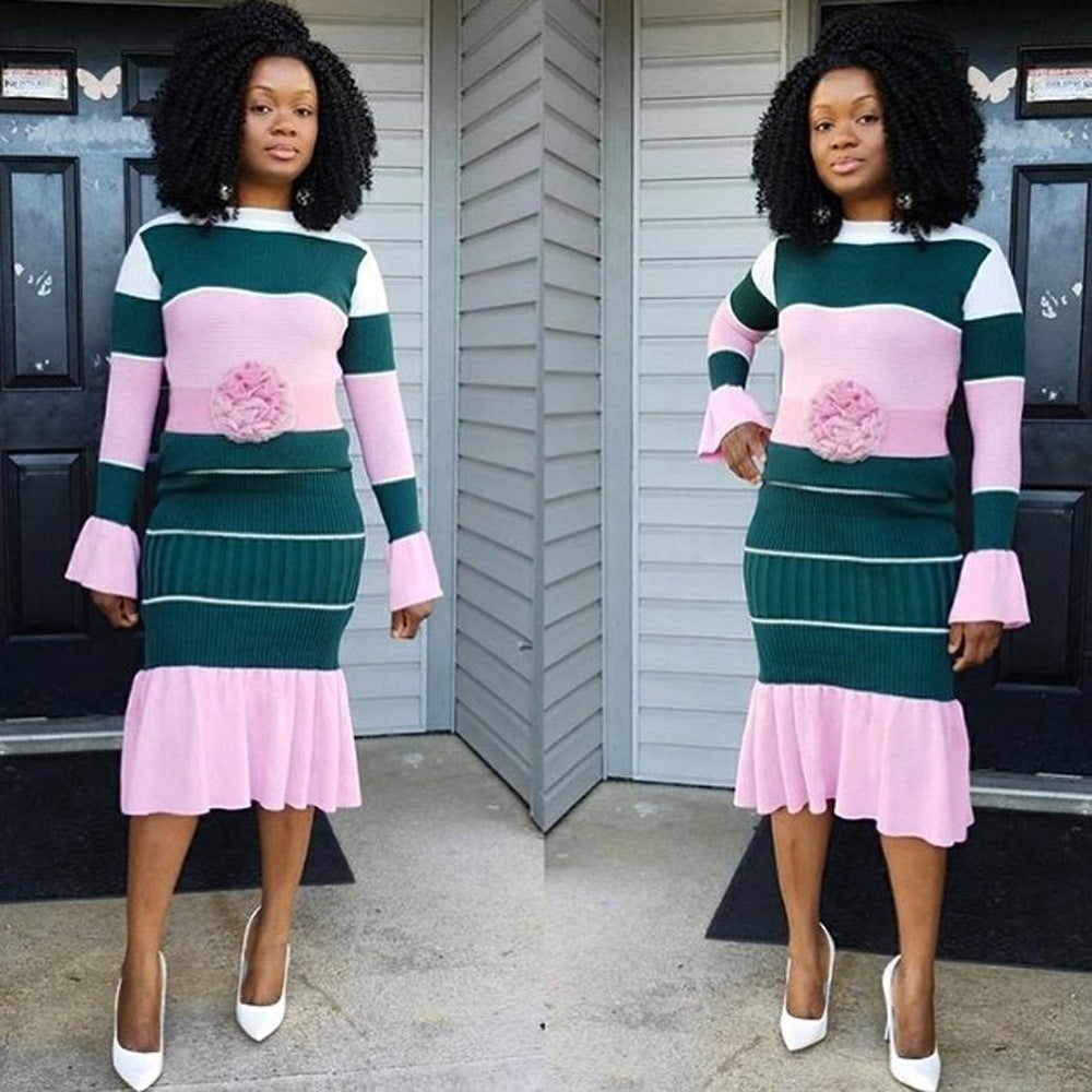 Women Fall Casual Striped Chiffon Patchwork Long Sleeve Top + Pants Two Piece Set 8