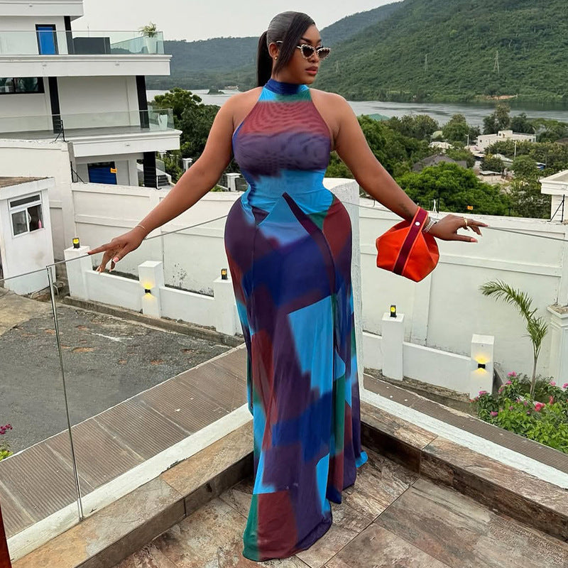 Women's Fashion Print Halter Low Back Sleeveless Color Matching Maxi Dress