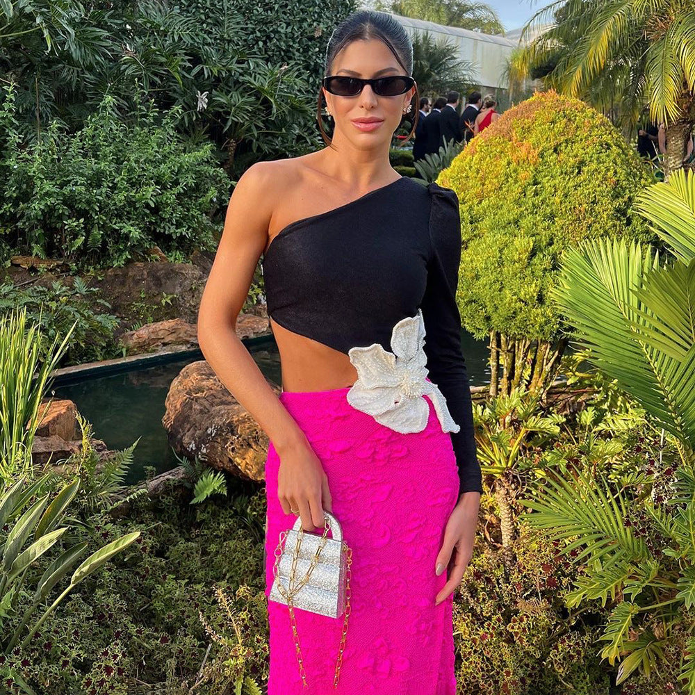 One Shoulder Contrasting Design High Waist Flower Patchwork Slit Women's Long Dress 4