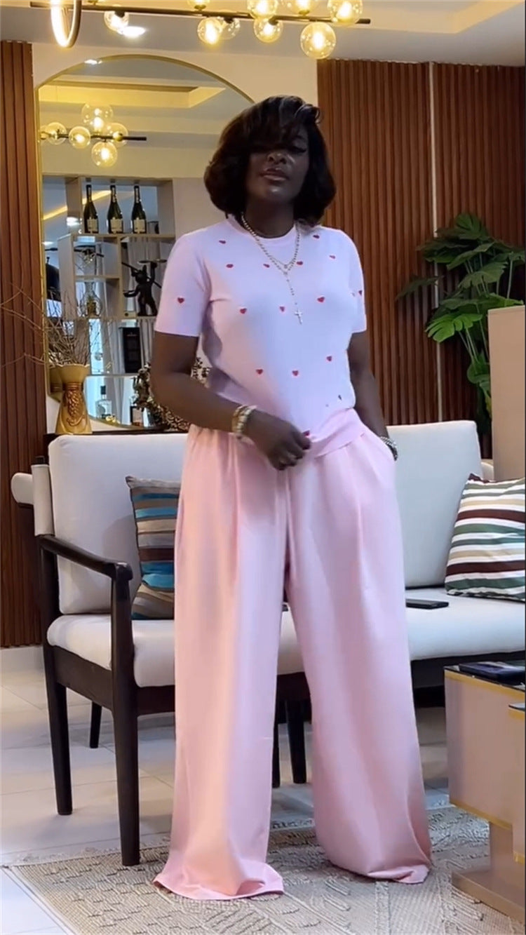 Women's Summer Sweet & Trendy Round Neck Heart Print Short Sleeve Top & Wide-Leg Pants Set 12
