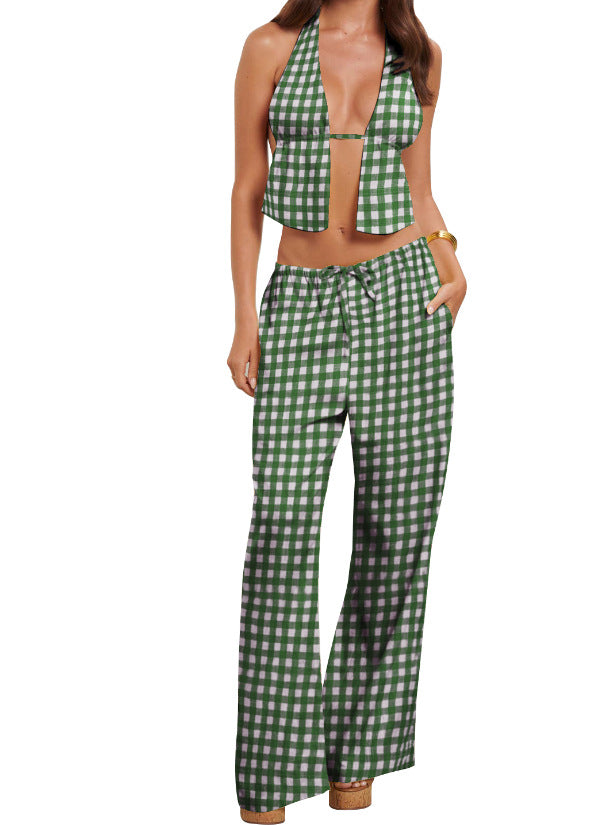 Spring Summer Women's Halter Neck Lace-Up Sexy Low Back Sleeveless Top Pants Set 13