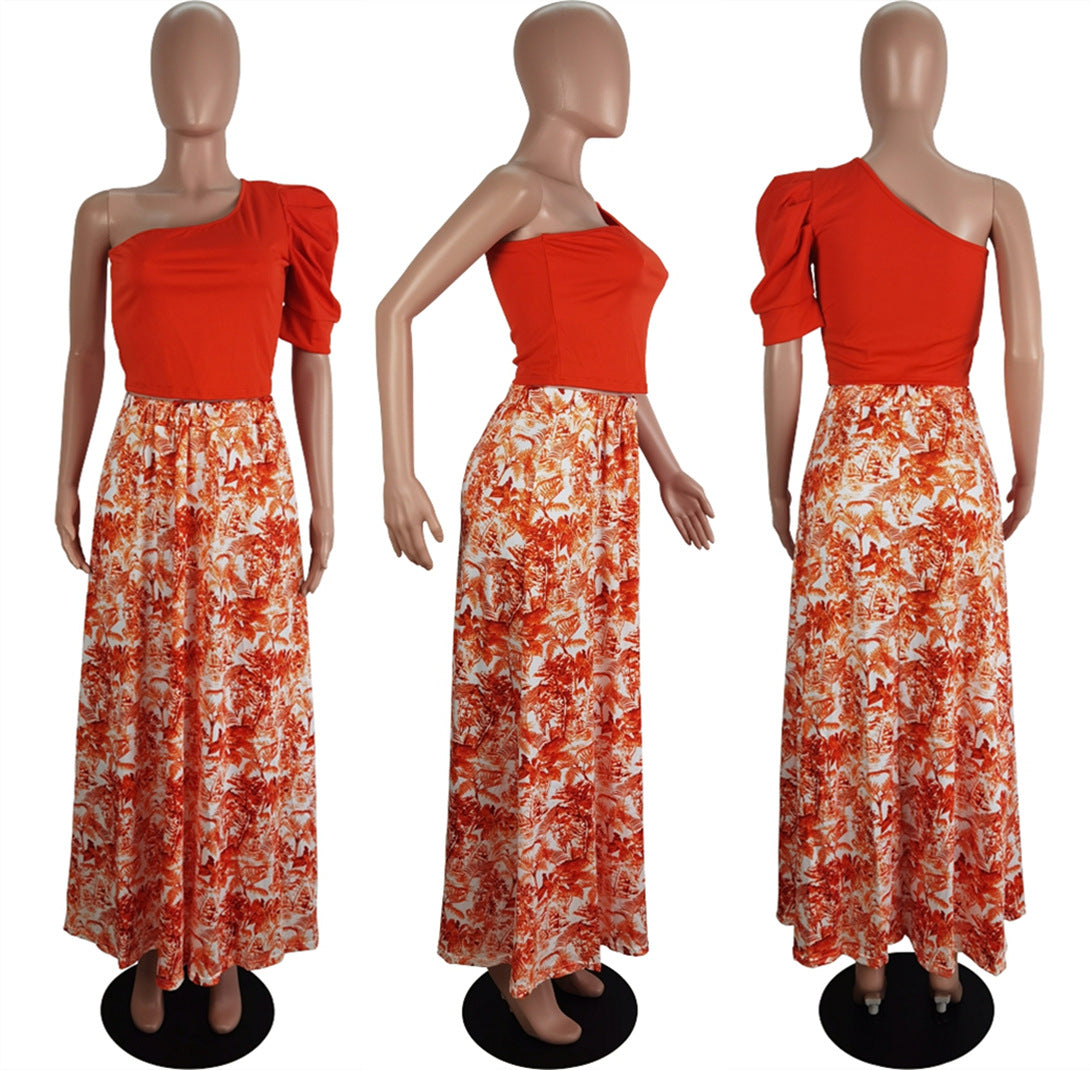Women Style One-shoulder Top + Printed Swing Skirt Two-piece Set 9