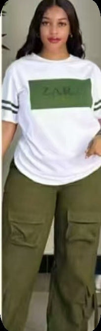 Women Casual Printed Short-sleeved Top and Cargo Pants Two-piece Set 6