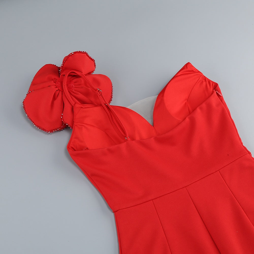 deep v flower slim solid color fashion elegant party dress 9